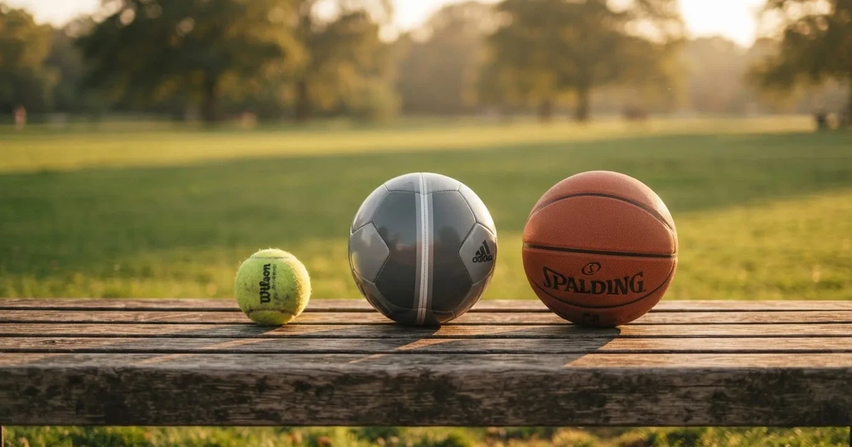 Drie ballen van verschillende soorten naast elkaar op een houten bank