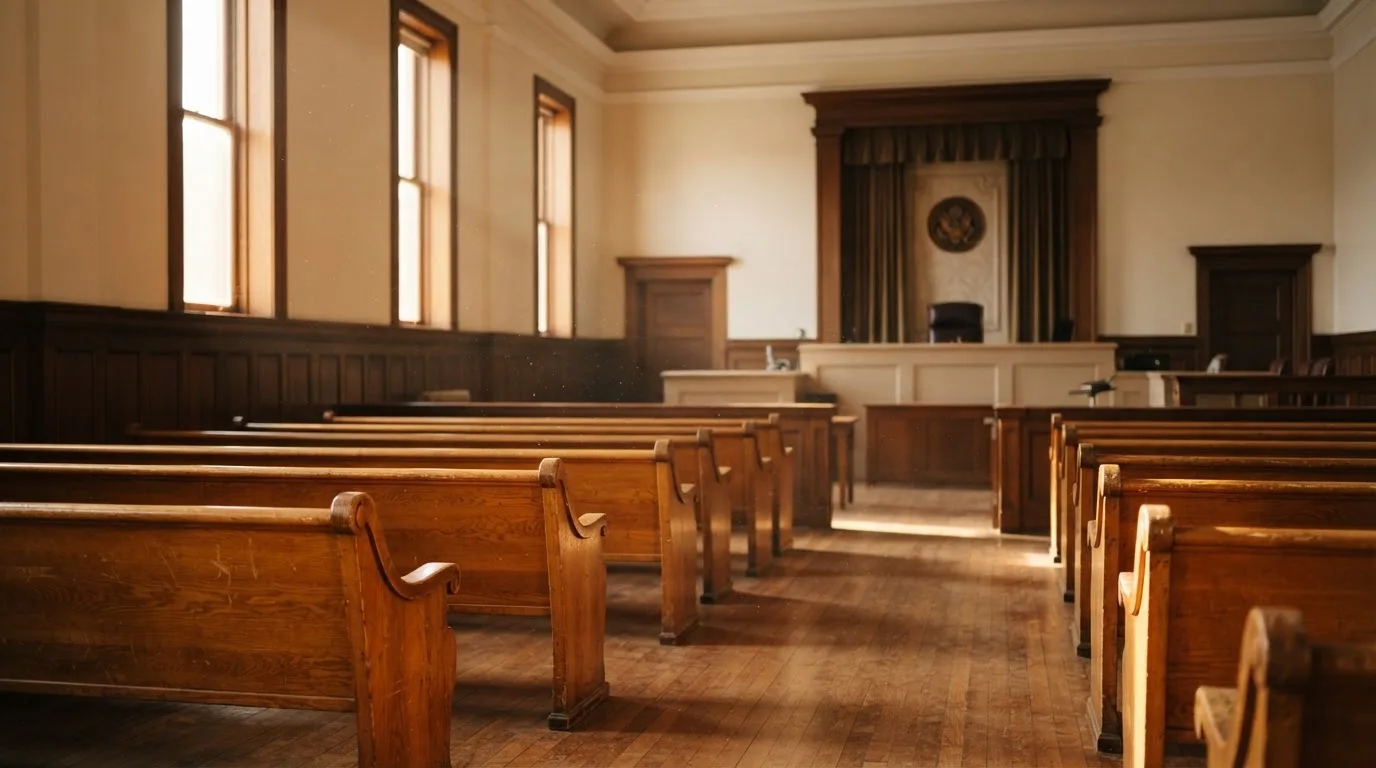 Een lege rechtszaal met houten banken in het ochtendlicht
