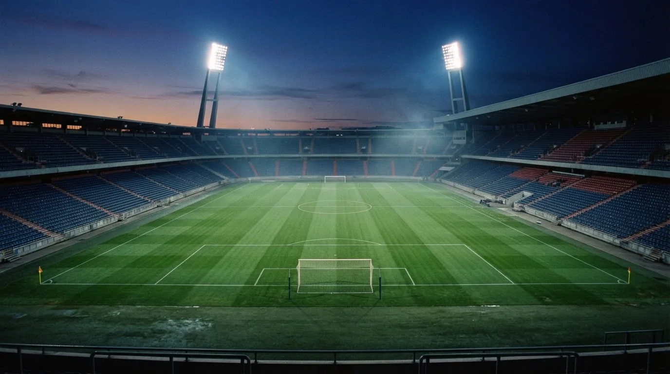 Een leeg voetbalstadion met lichtmasten bij schemering