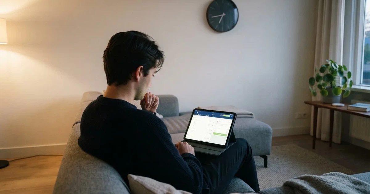 Een persoon op de bank kijkt peinzend naar een tablet, op de achtergrond een klok aan de muur