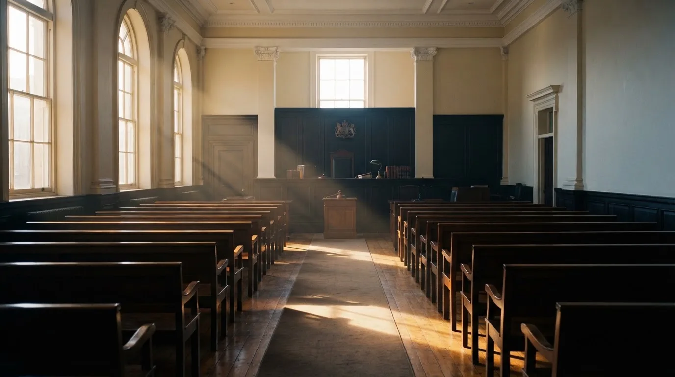 Een lege rechtszaal met houten banken in het ochtendlicht