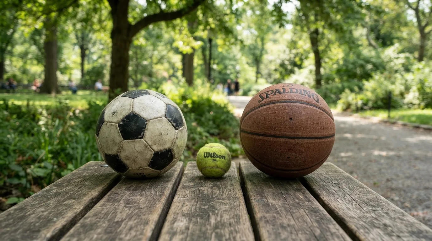 Drie ballen van verschillende soorten naast elkaar op een houten bank