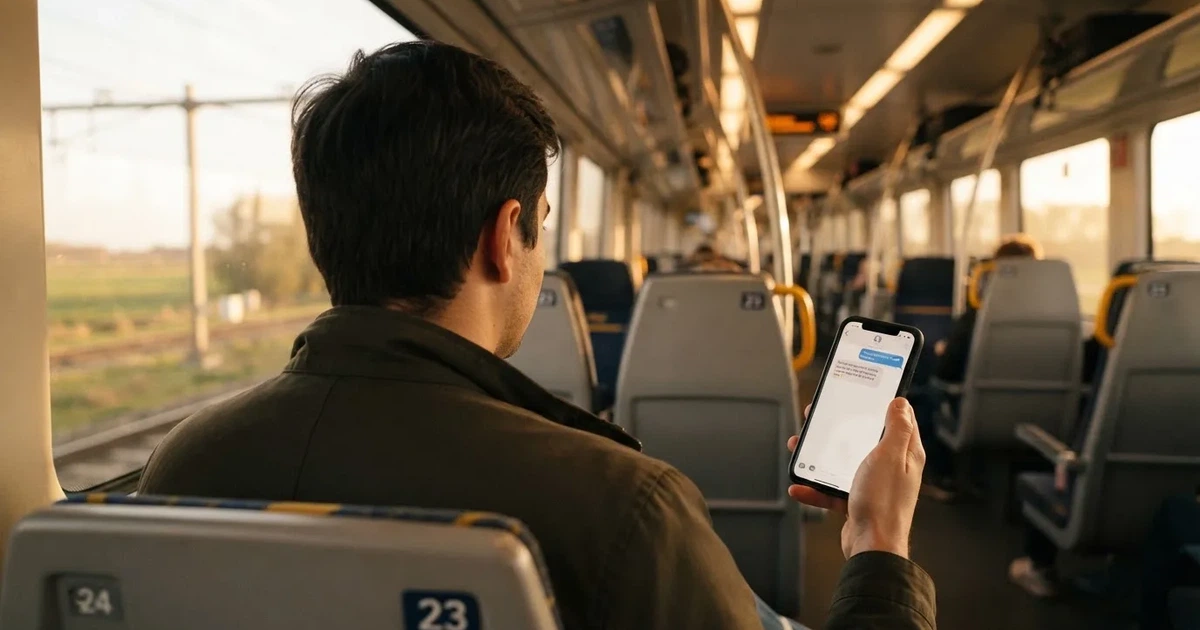 Een hand houdt een smartphone vast in de trein, het scherm van de camera afgewend
