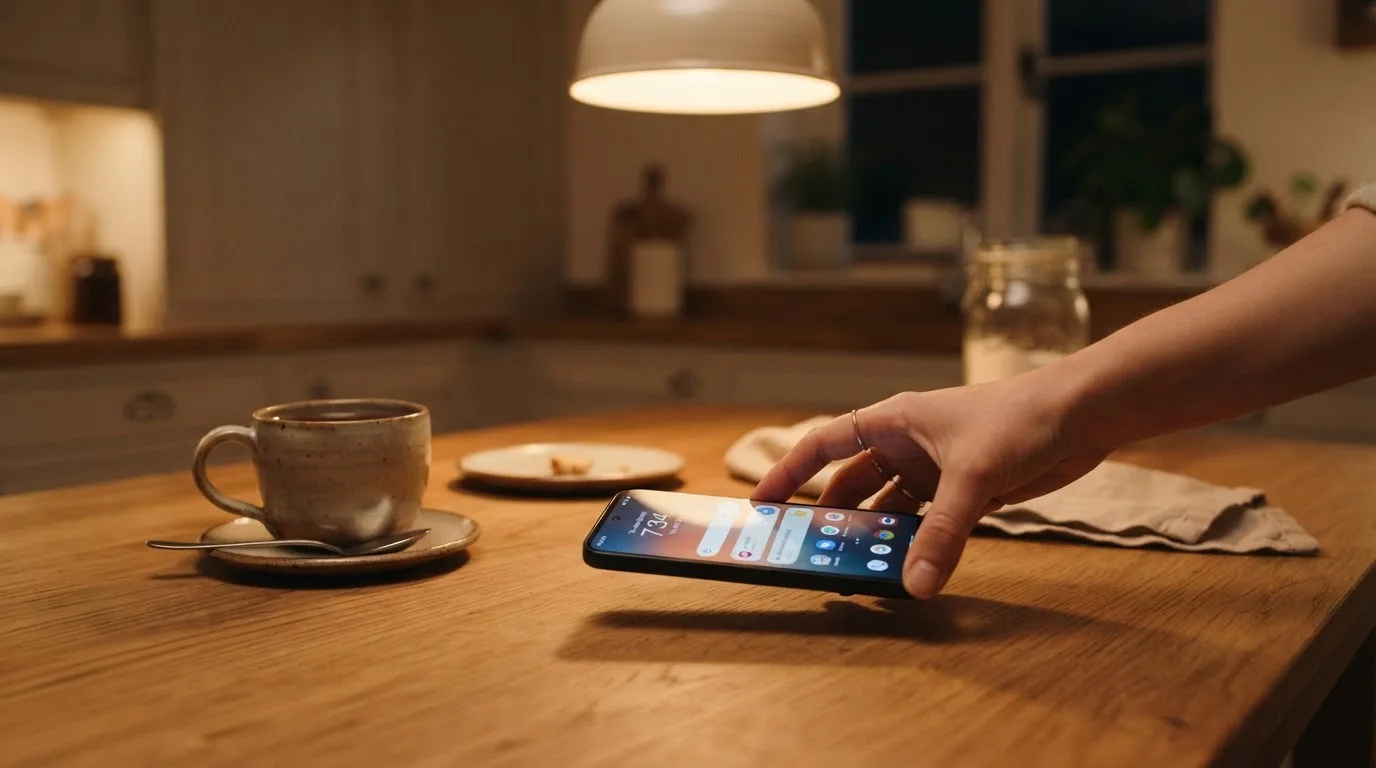 Een hand legt een smartphone naast een kopje thee op een keukentafel, een rustige avond