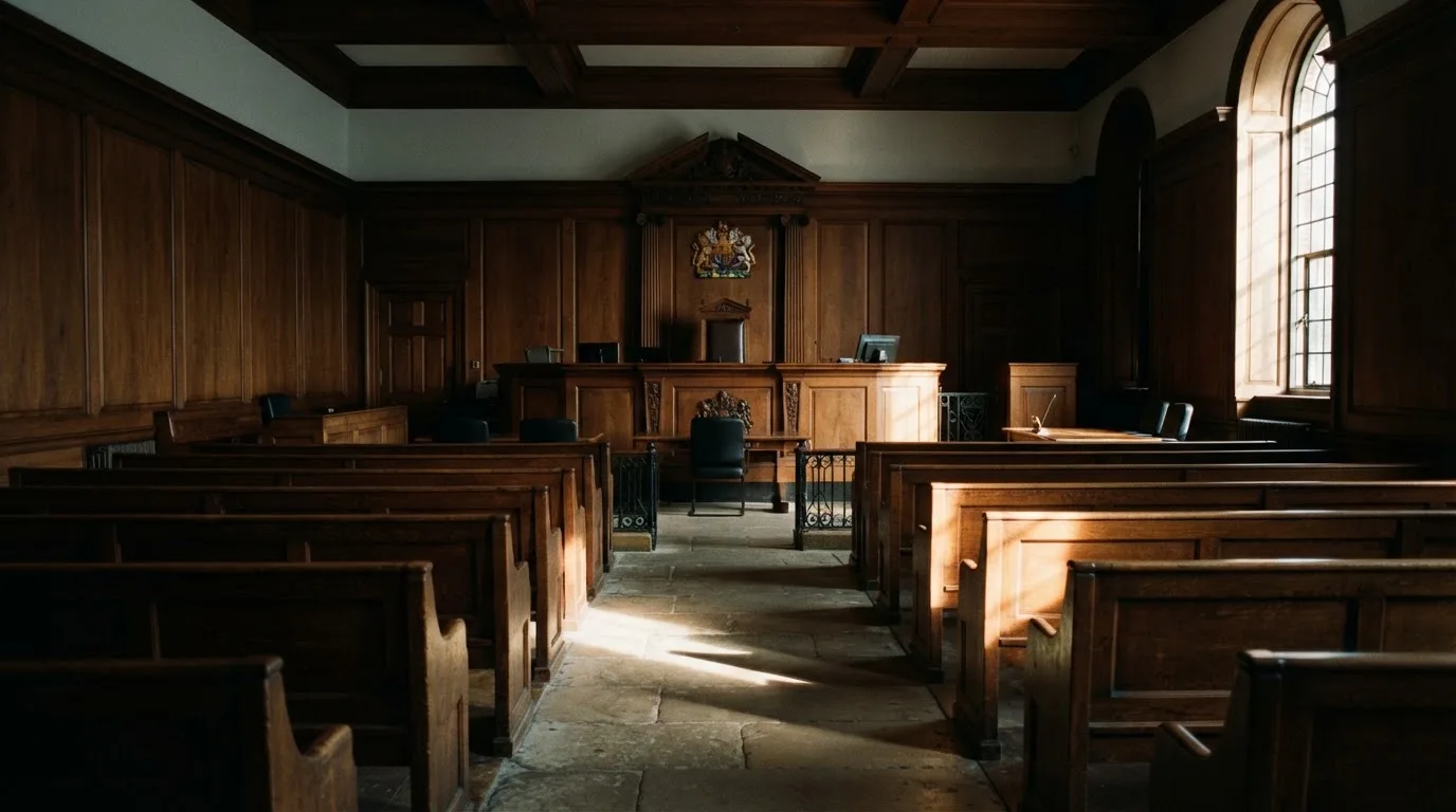 Een lege rechtszaal met houten banken in het ochtendlicht