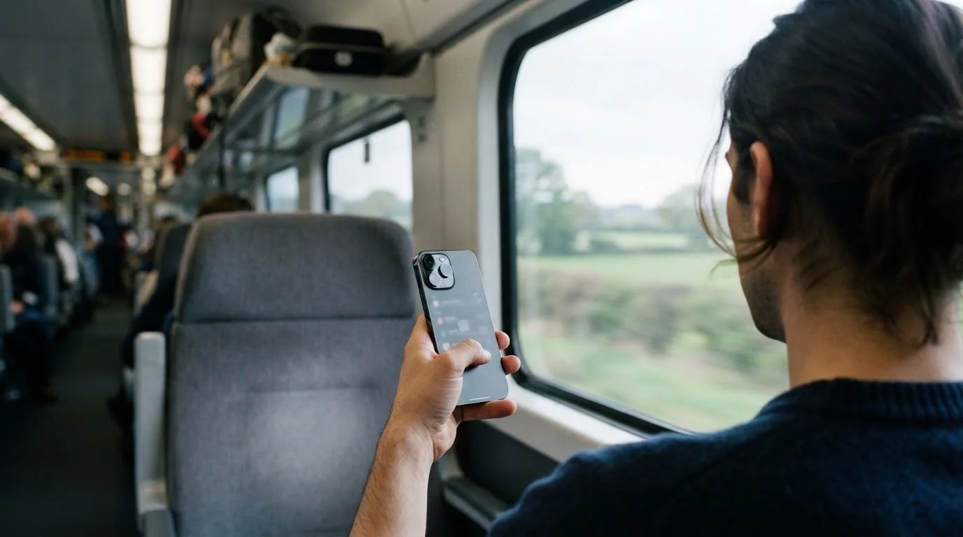 Een hand houdt een smartphone vast in de trein, het scherm van de camera afgewend