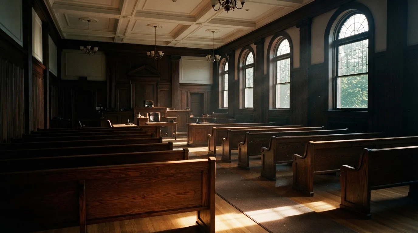 Een lege rechtszaal met houten banken in het ochtendlicht