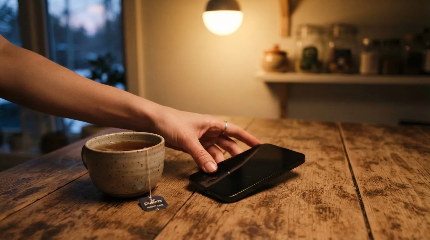 Een hand legt een smartphone naast een kopje thee op een keukentafel, een rustige avond