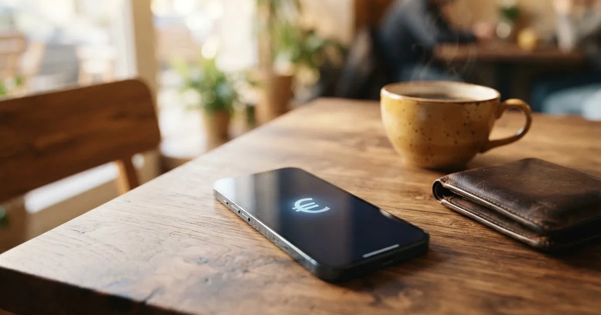 Een smartphone op een houten tafel naast een portemonnee en een kopje koffie