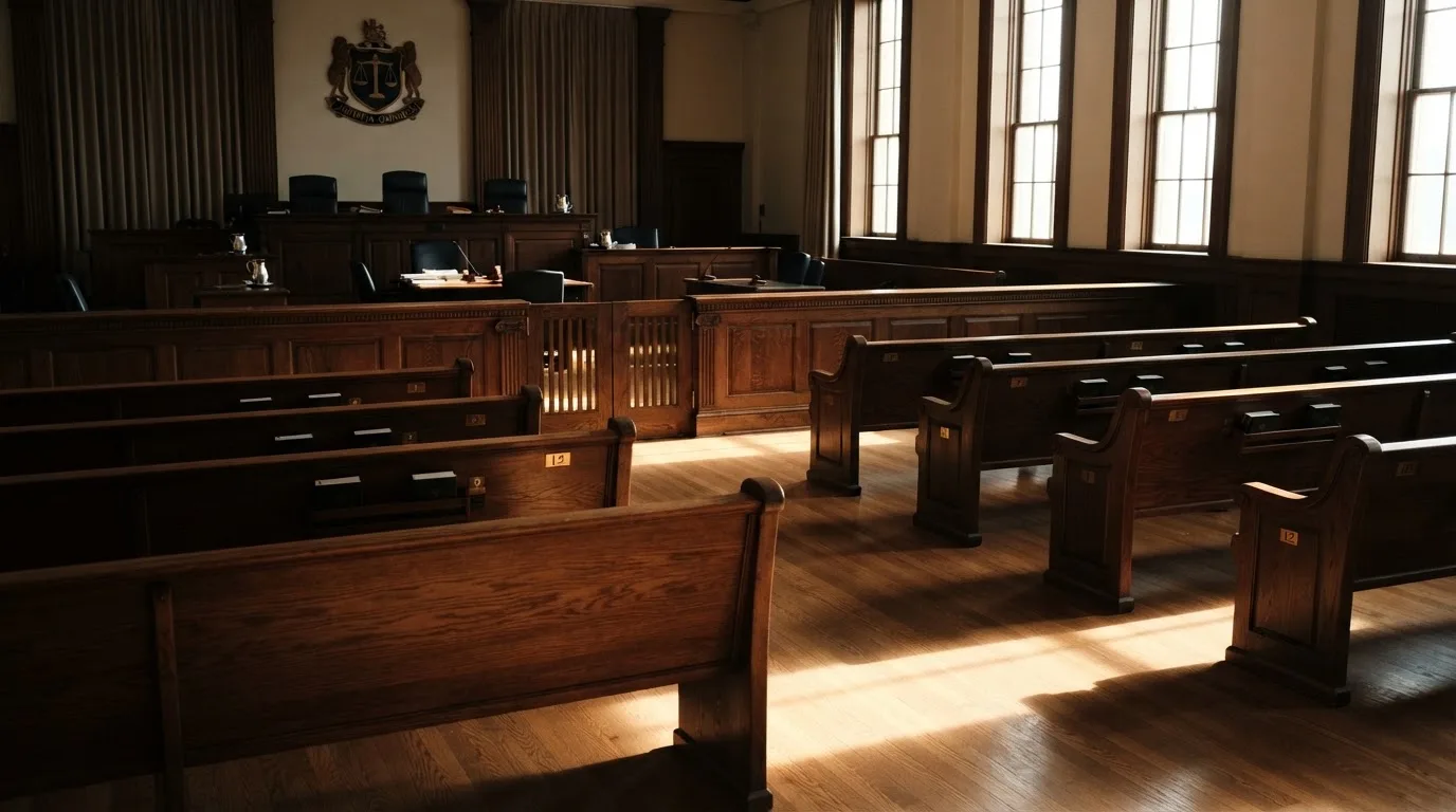Een lege rechtszaal met houten banken in het ochtendlicht