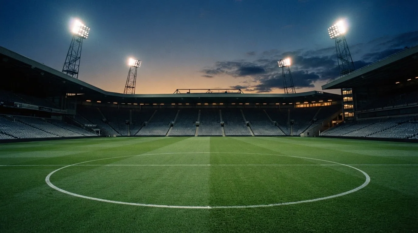 Een leeg voetbalstadion met lichtmasten bij schemering
