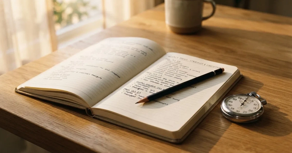 Een opengeslagen notitieboek met een potlood en een stopwatch op een houten tafel