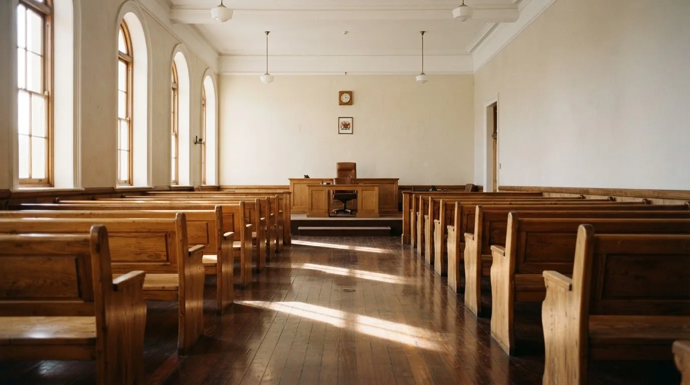 Een lege rechtszaal met houten banken in het ochtendlicht
