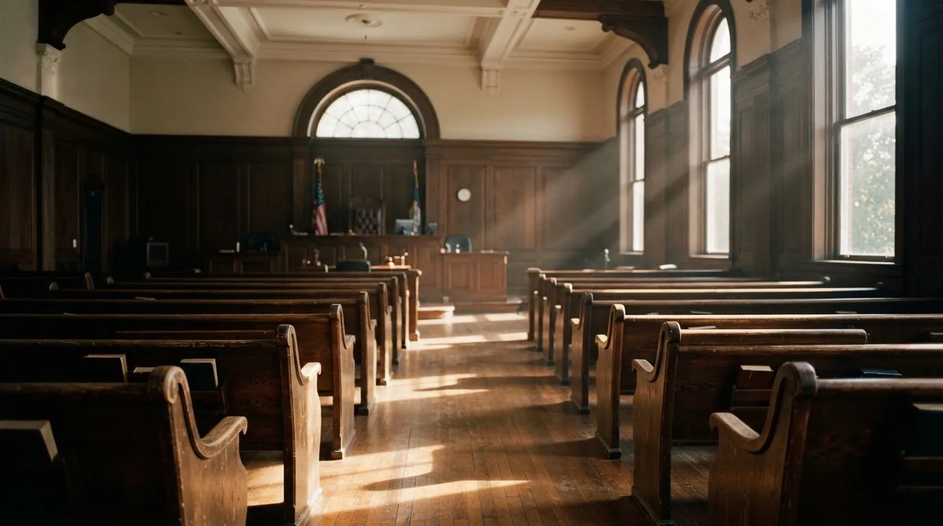 Een lege rechtszaal met houten banken in het ochtendlicht