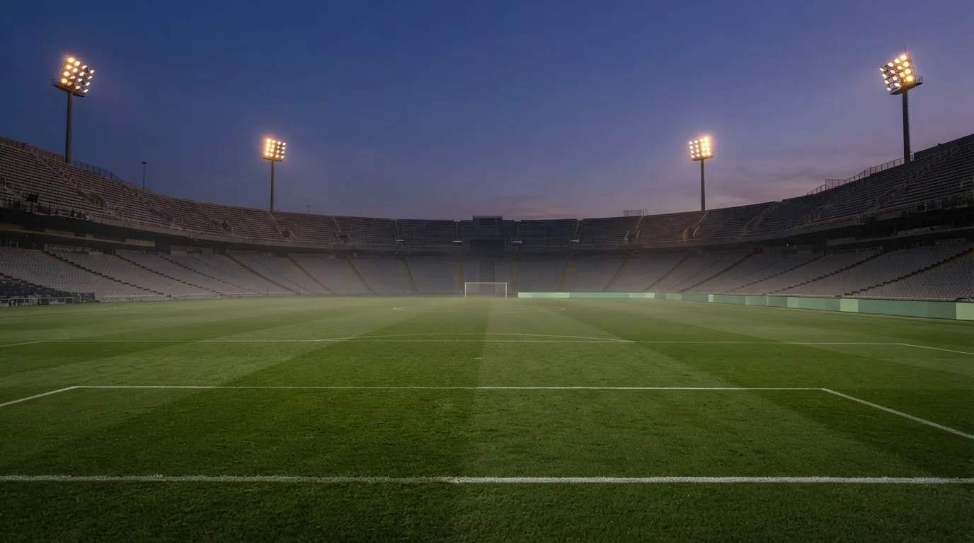 Een leeg voetbalstadion met lichtmasten bij schemering