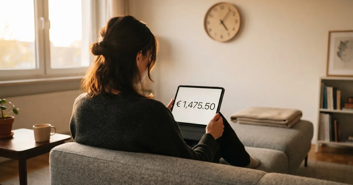 Een persoon op de bank kijkt peinzend naar een tablet, op de achtergrond een klok aan de muur