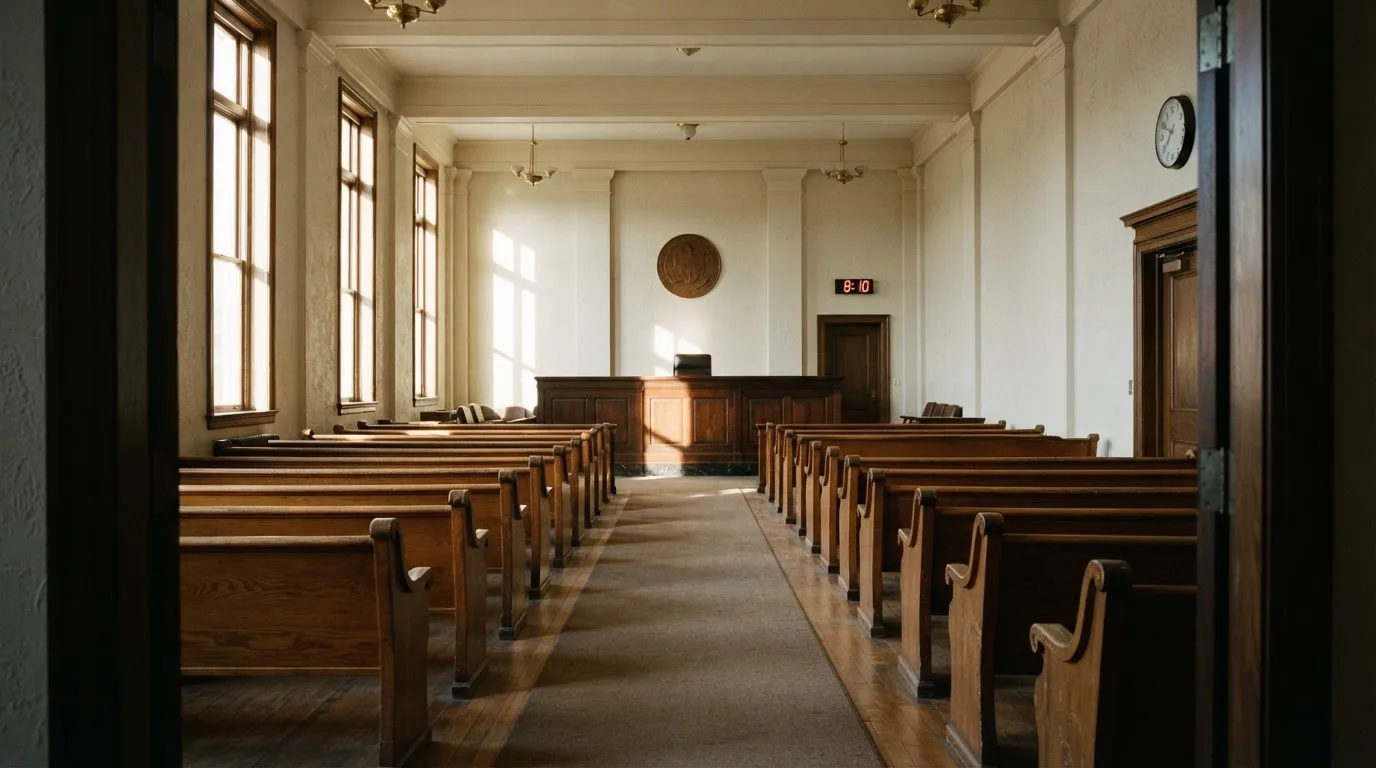 Een lege rechtszaal met houten banken in het ochtendlicht