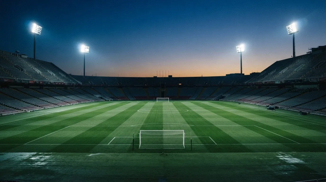 Een leeg voetbalstadion met lichtmasten bij schemering