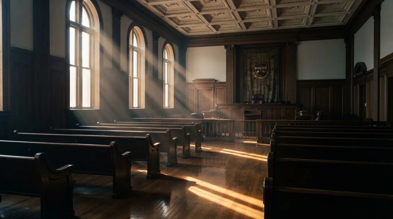Een lege rechtszaal met houten banken in het ochtendlicht