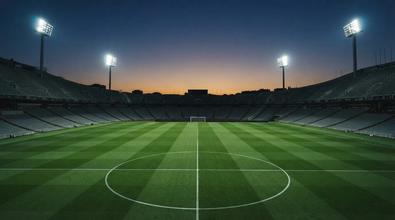 Een leeg voetbalstadion met lichtmasten bij schemering