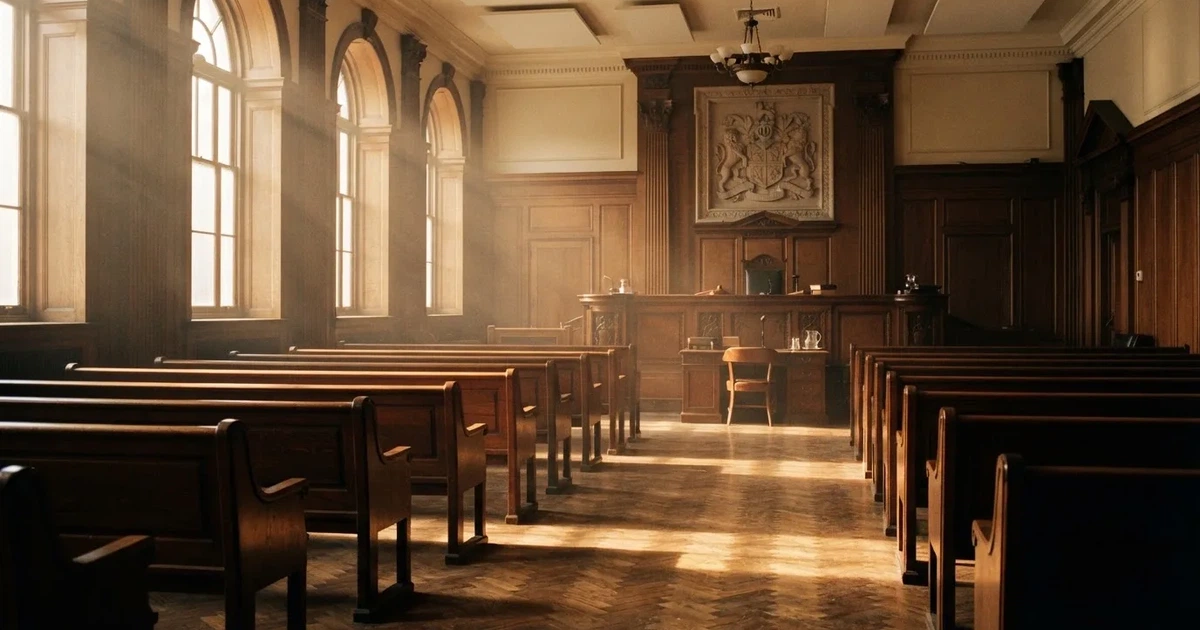 Een lege rechtszaal met houten banken in het ochtendlicht