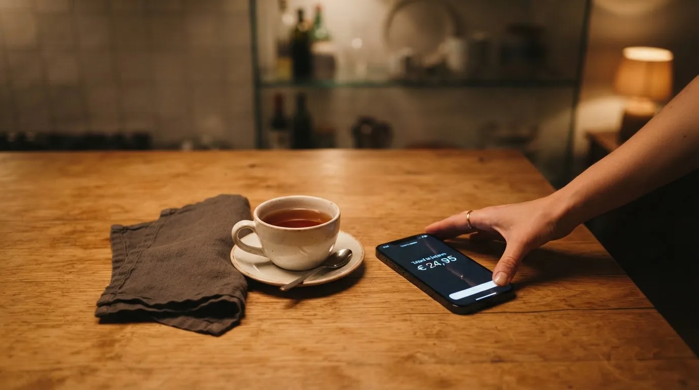 Een hand legt een smartphone naast een kopje thee op een keukentafel, een rustige avond