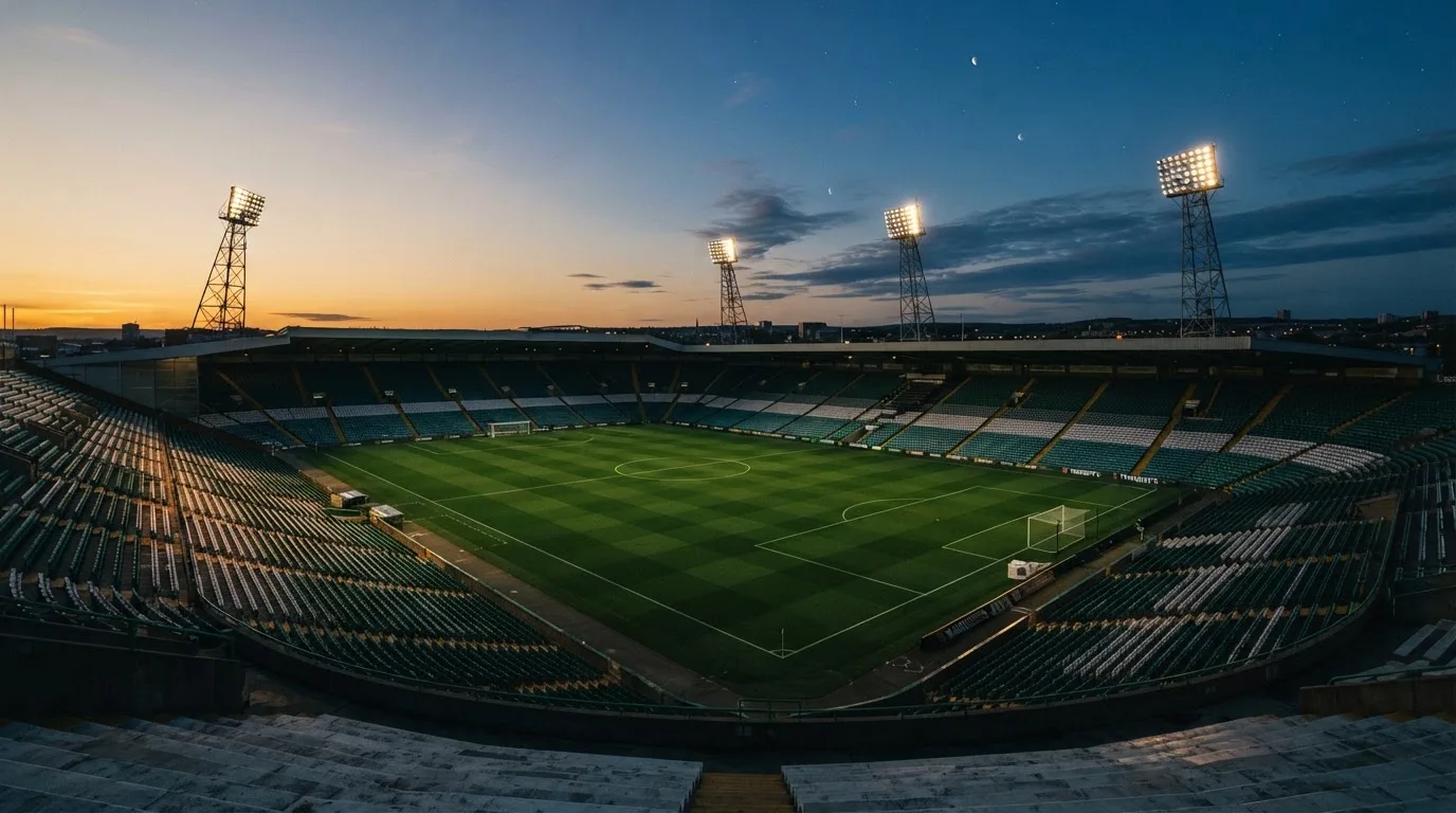 Een leeg voetbalstadion met lichtmasten bij schemering