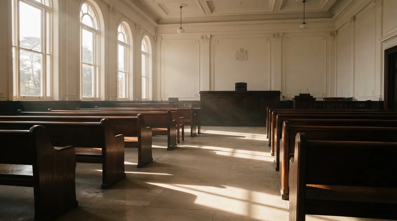 Een lege rechtszaal met houten banken in het ochtendlicht