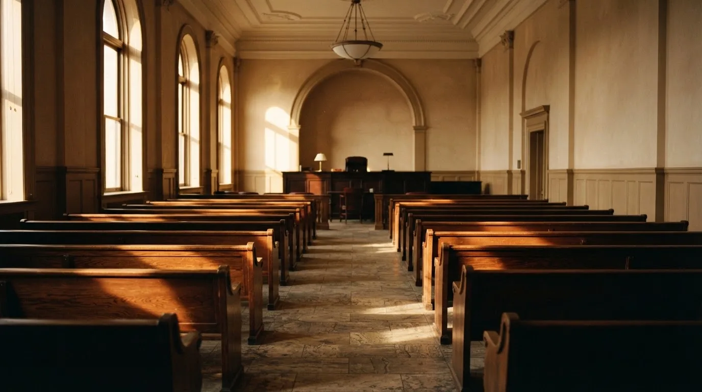 Een lege rechtszaal met houten banken in het ochtendlicht