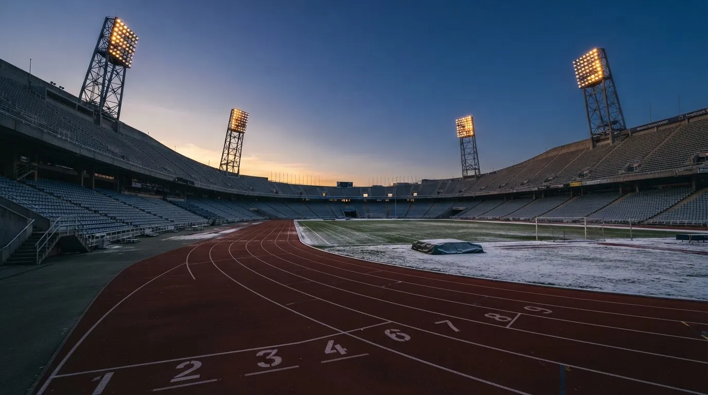Een leeg voetbalstadion met lichtmasten bij schemering