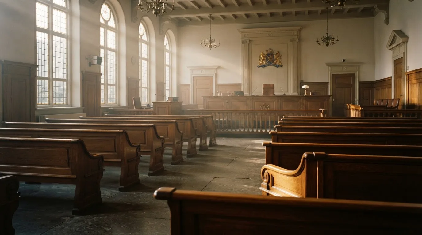 Een lege rechtszaal met houten banken in het ochtendlicht