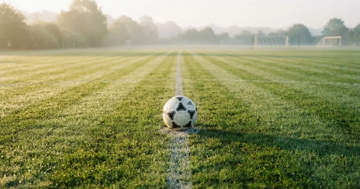 Een voetbal op de middenstip van een grasveld in het ochtendlicht
