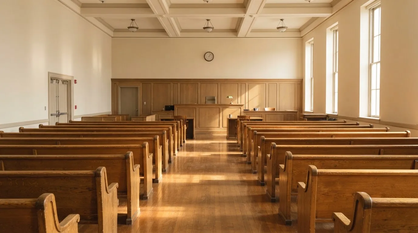 Een lege rechtszaal met houten banken in het ochtendlicht