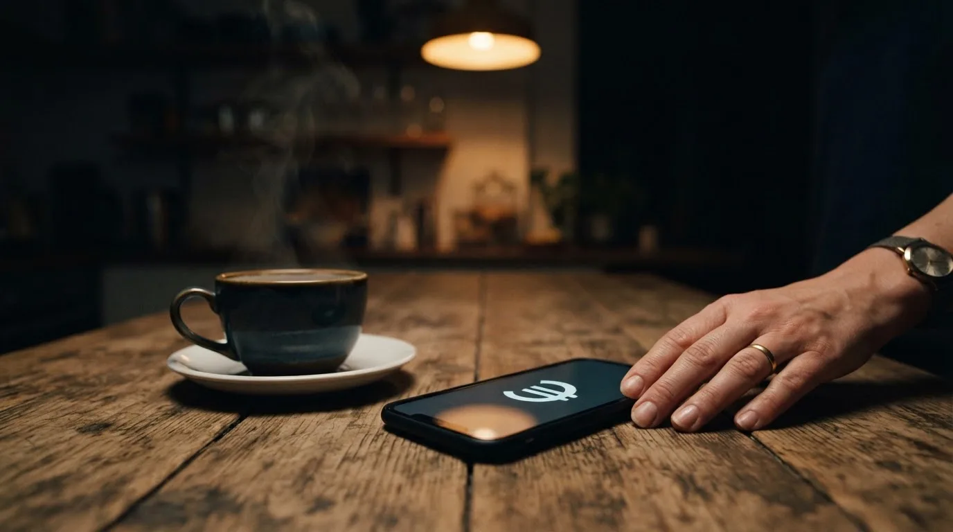 Een hand legt een smartphone naast een kopje thee op een keukentafel, een rustige avond