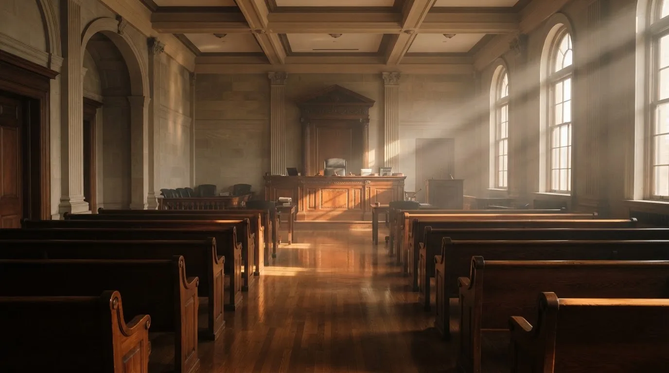 Een lege rechtszaal met houten banken in het ochtendlicht