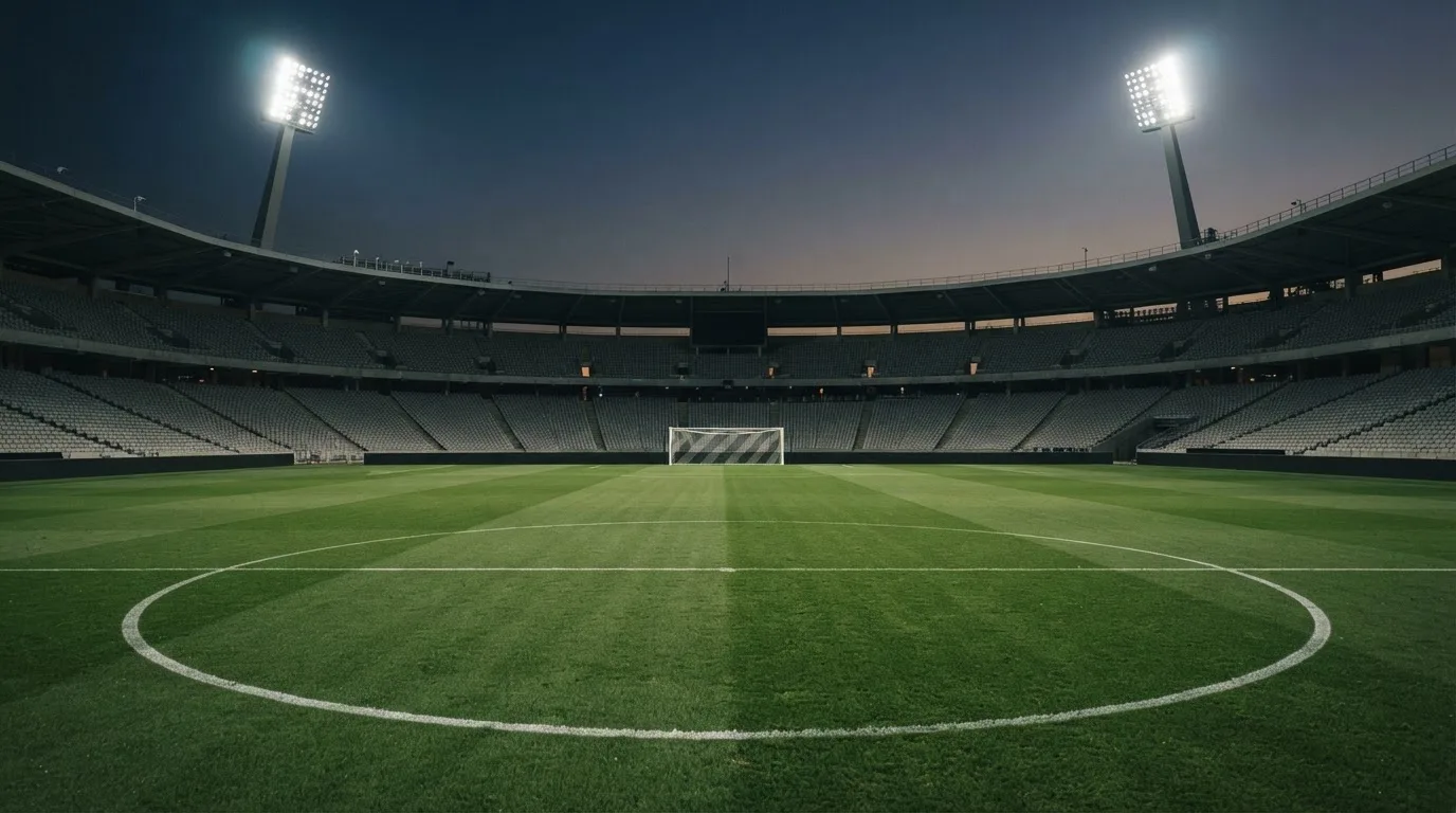 Een leeg voetbalstadion met lichtmasten bij schemering