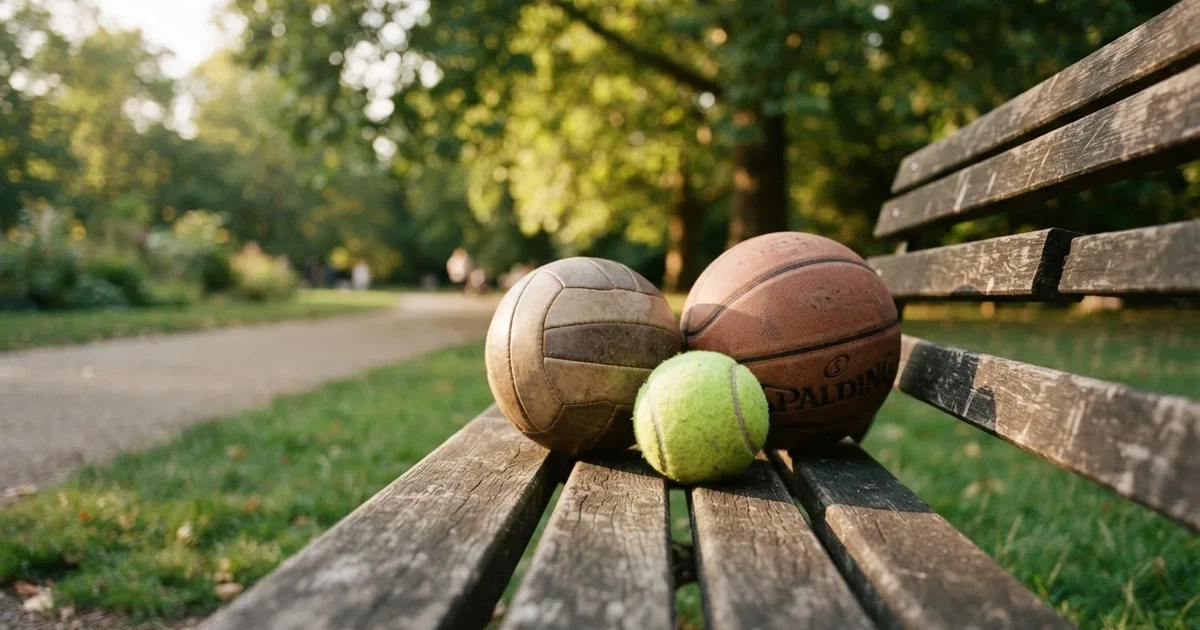 Drie ballen van verschillende soorten naast elkaar op een houten bank
