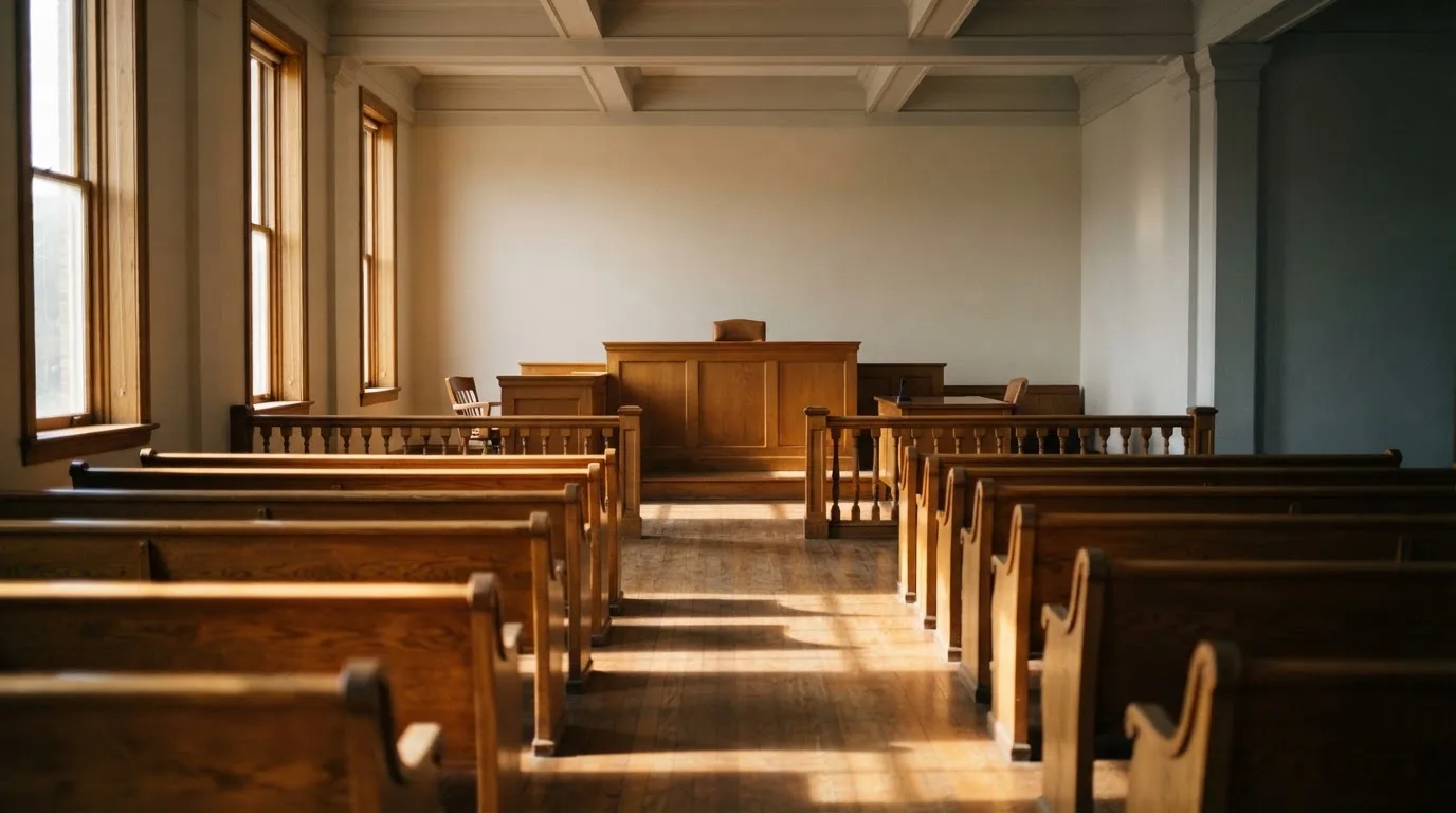 Een lege rechtszaal met houten banken in het ochtendlicht