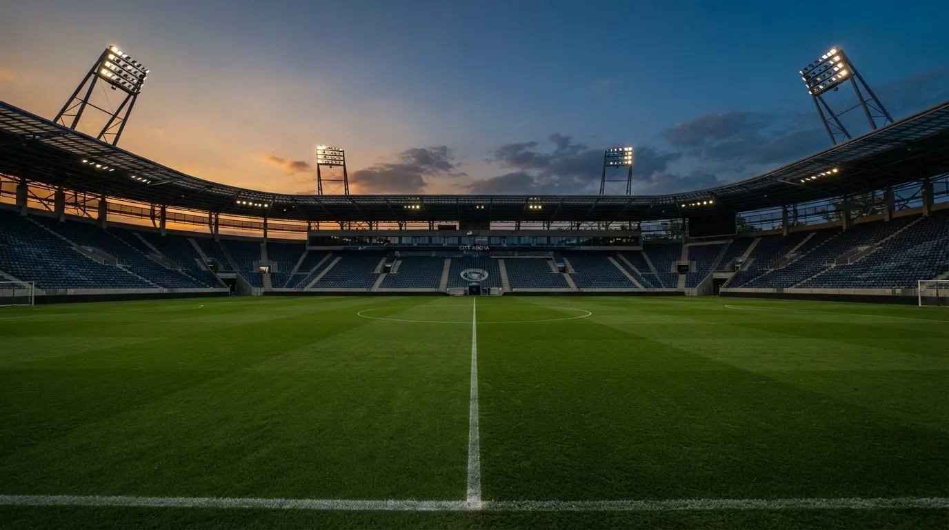 Een leeg voetbalstadion met lichtmasten bij schemering