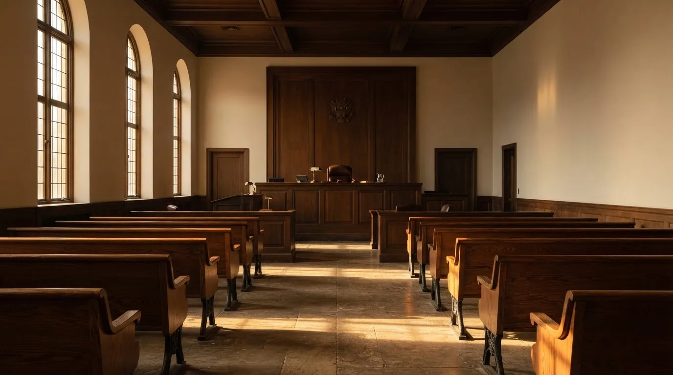 Een lege rechtszaal met houten banken in het ochtendlicht