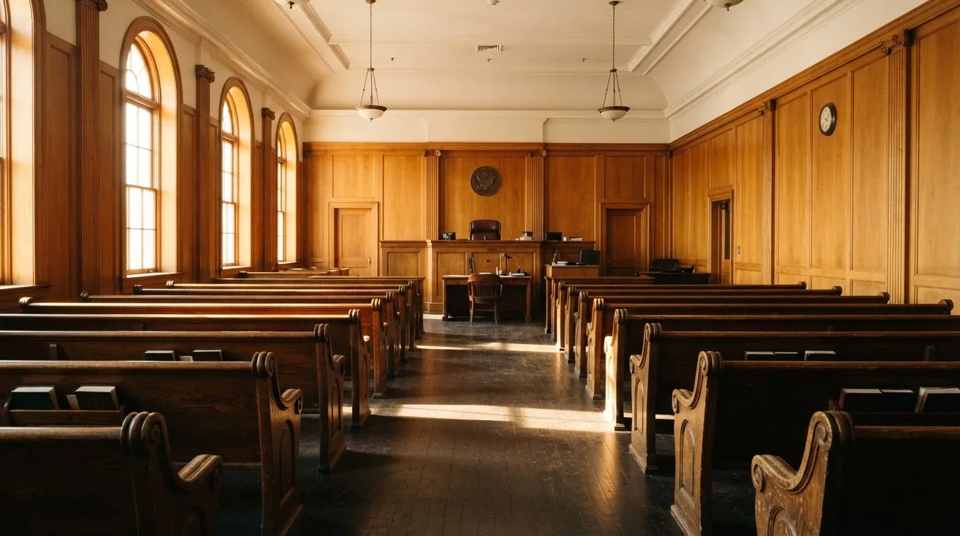 Een lege rechtszaal met houten banken in het ochtendlicht