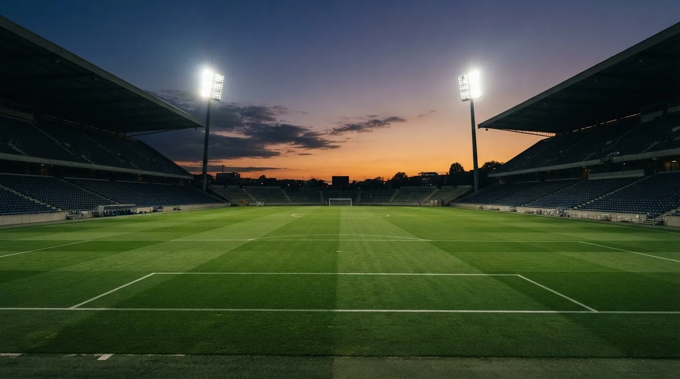 Een leeg voetbalstadion met lichtmasten bij schemering
