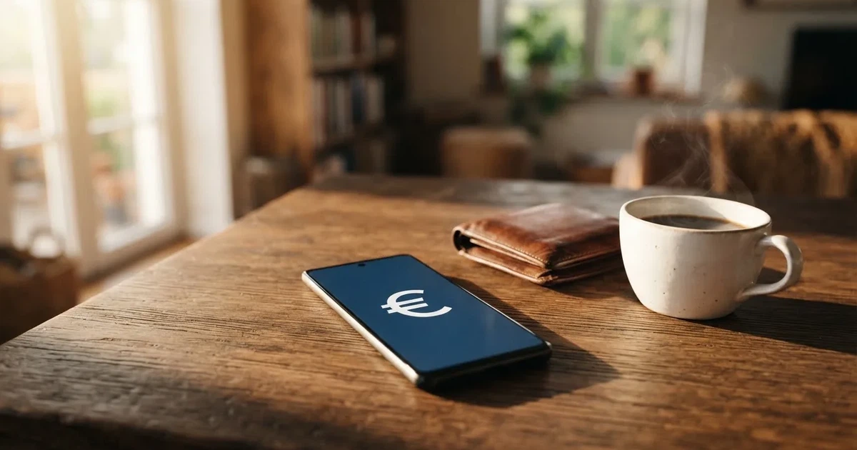 Een smartphone op een houten tafel naast een portemonnee en een kopje koffie