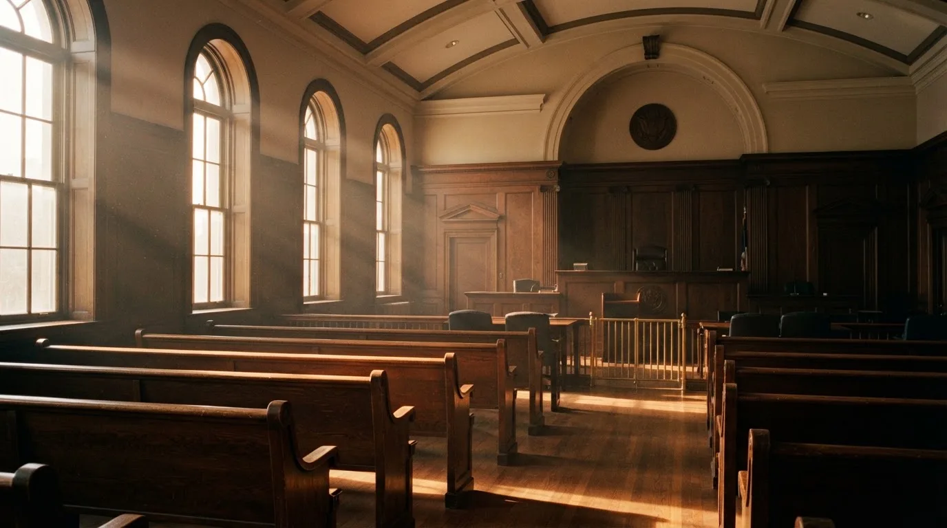 Een lege rechtszaal met houten banken in het ochtendlicht