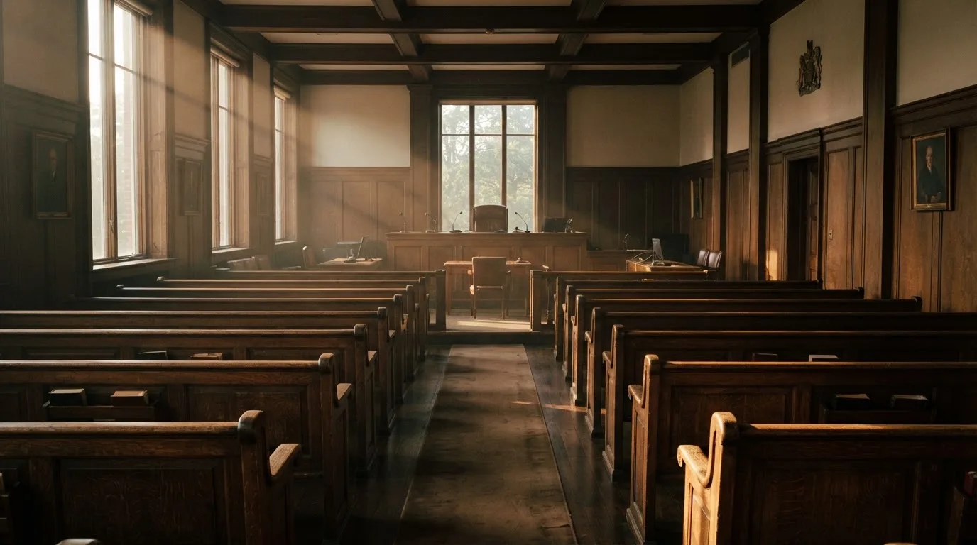 Een lege rechtszaal met houten banken in het ochtendlicht