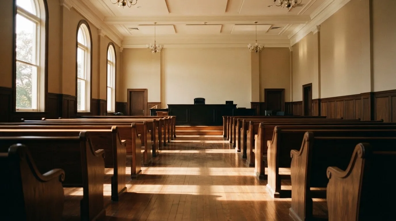 Een lege rechtszaal met houten banken in het ochtendlicht