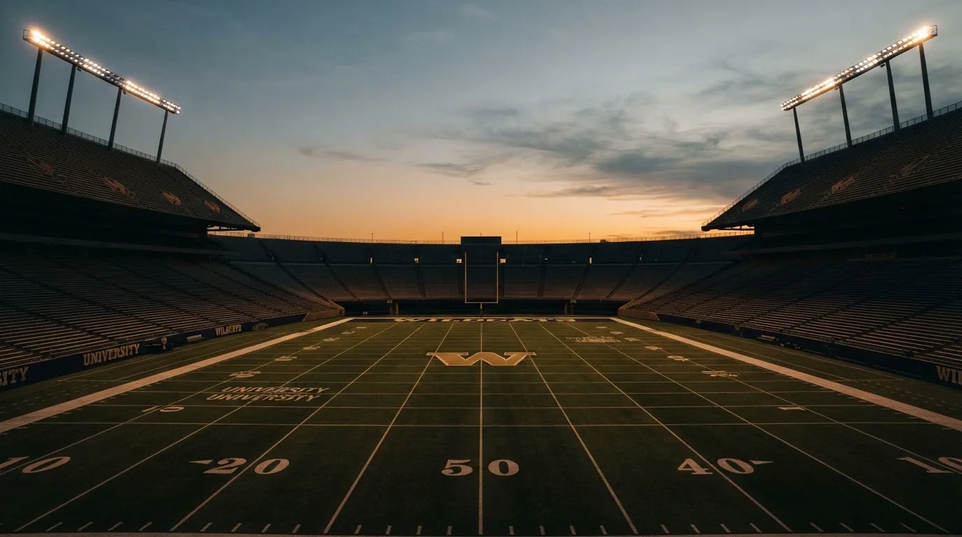 Een leeg voetbalstadion met lichtmasten bij schemering