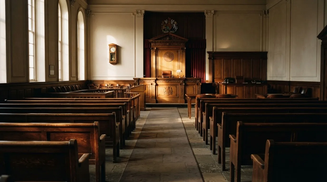 Een lege rechtszaal met houten banken in het ochtendlicht