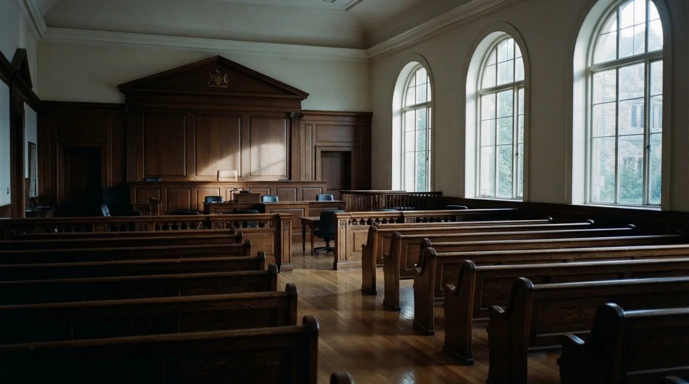 Een lege rechtszaal met houten banken in het ochtendlicht
