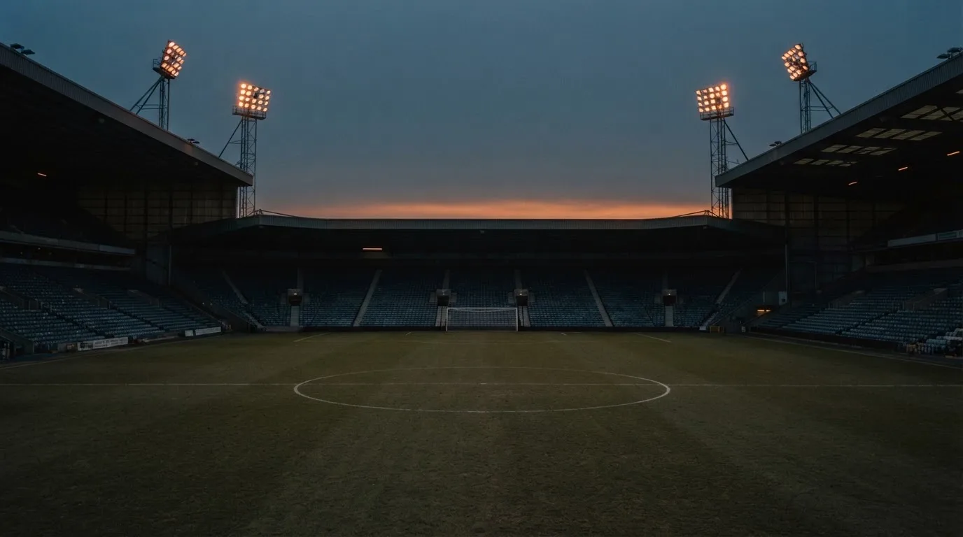 Een leeg voetbalstadion met lichtmasten bij schemering